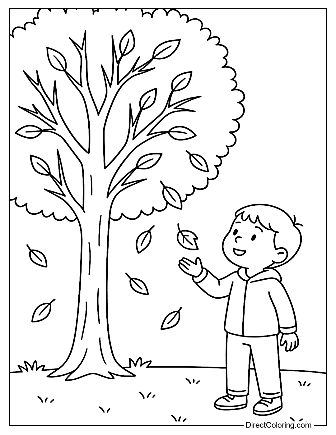 Coloring page of a tree shedding its first leaves, with the child reaching out to catch the first orange leaf.